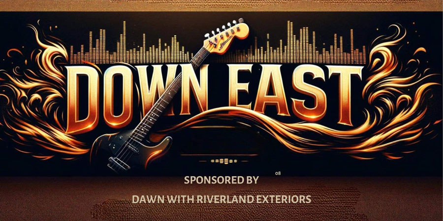 Ryders Roadhouse in Wisconsin Rapids Wisconsin Electric guitar with fiery Down East text, sponsored by Dawn with Riverland Exteriors.