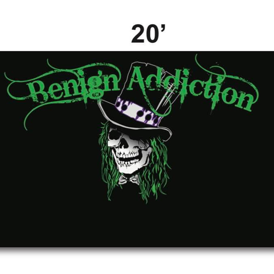 Ryders Roadhouse in Wisconsin Rapids Wisconsin Skull in a top hat with green hair and Benign Addiction text in green, 20 above.