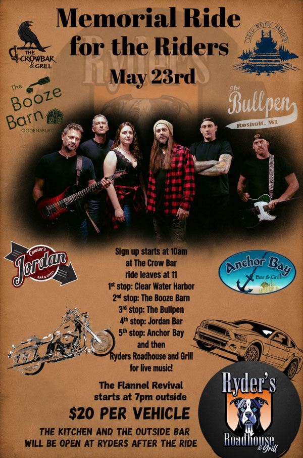 Ryders Roadhouse in Wisconsin Rapids Wisconsin Poster for a memorial ride event at Ryders Roadhouse, Wisconsin Rapids, with five men and instruments.