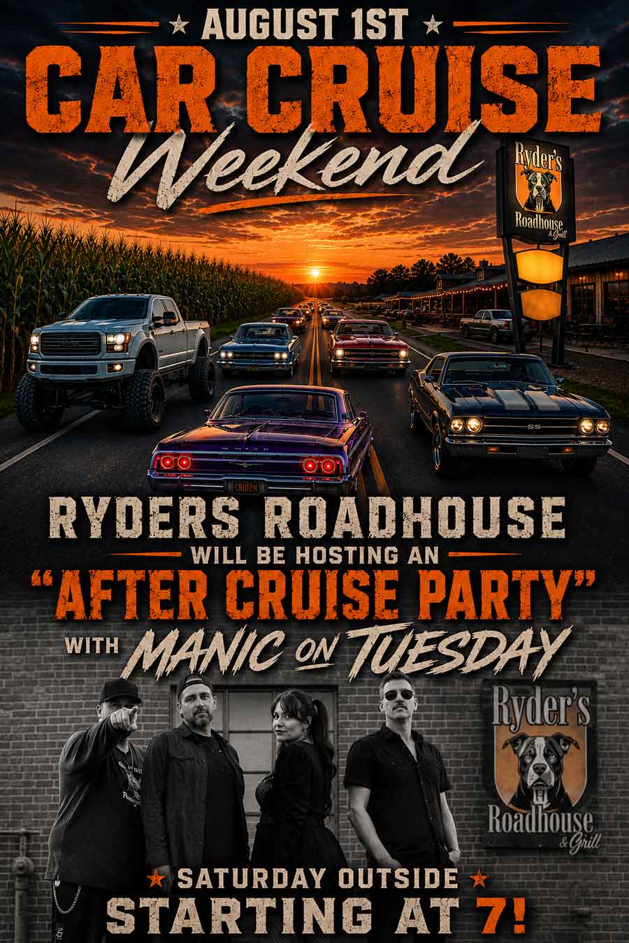 Ryders Roadhouse in Wisconsin Rapids Wisconsin Classic cars cruise at sunset toward Ryder’s Roadhouse for live music; details in bold text.