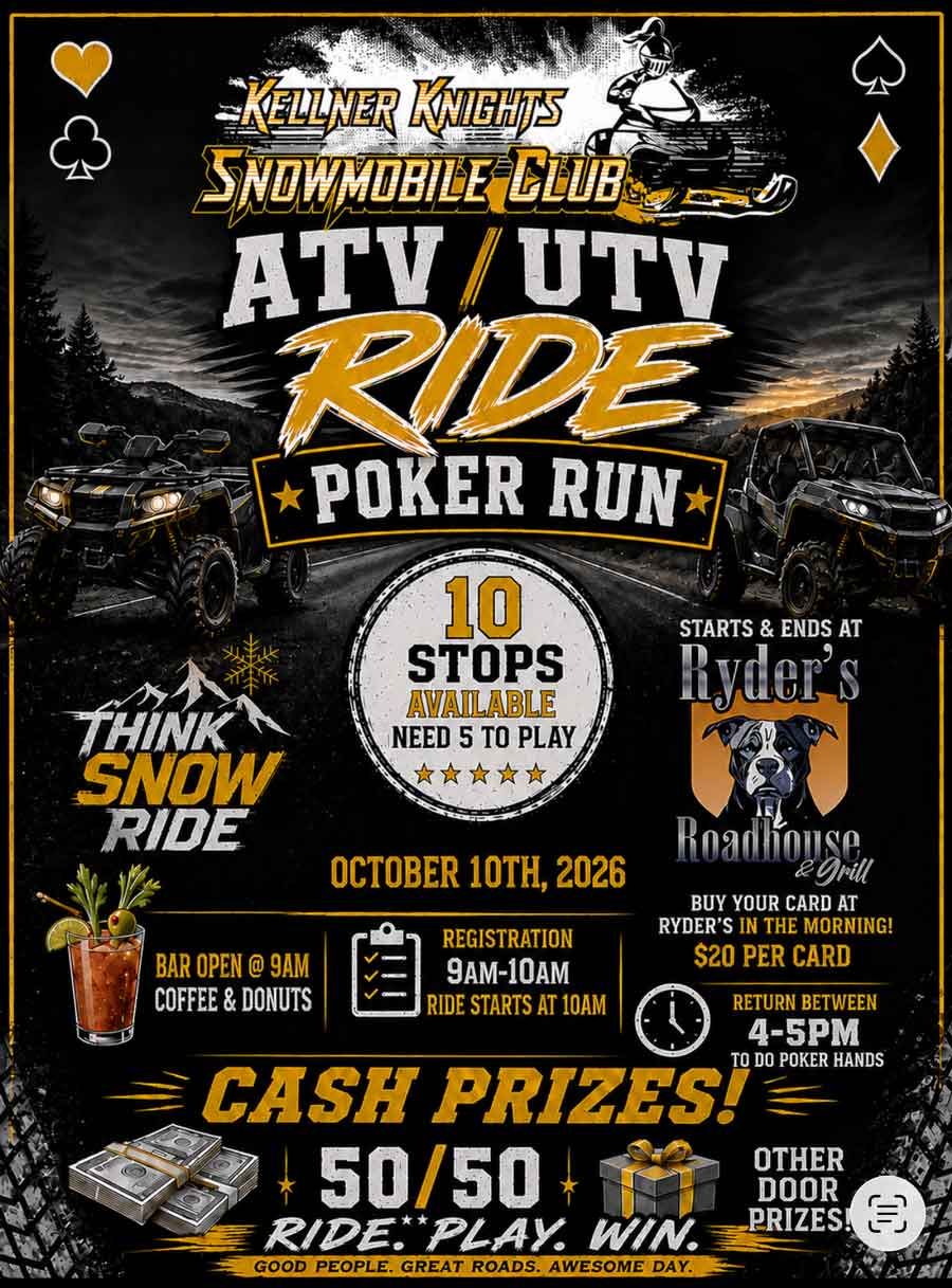 Ryders Roadhouse in Wisconsin Rapids Wisconsin ATVs on a snowy trail with event details for a poker run at Ryders Roadhouse, October 10, 2026.