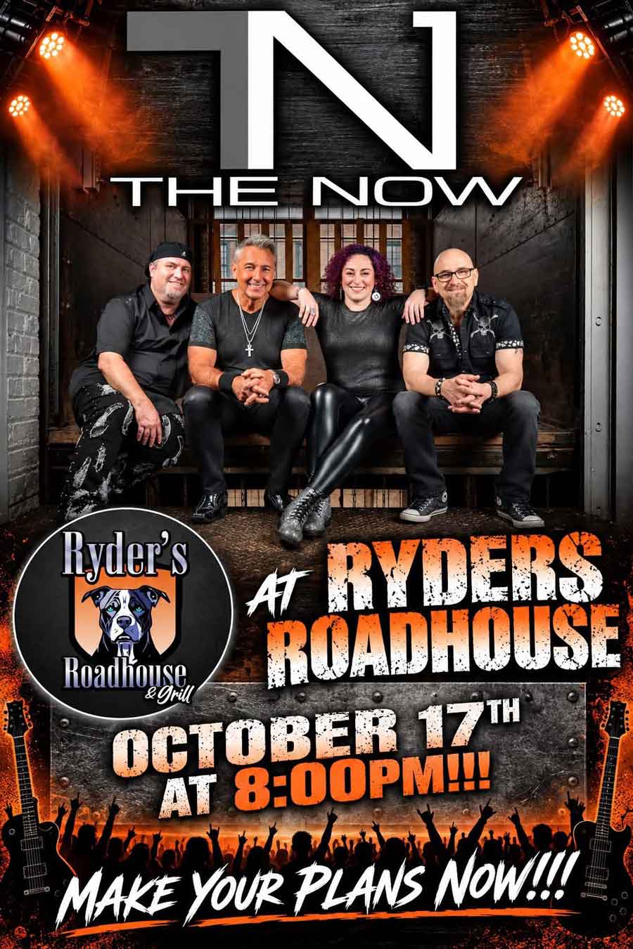 Ryders Roadhouse in Wisconsin Rapids Wisconsin Four band members sit smiling onstage; event at Ryders Roadhouse, October 17th, 8:00 PM.