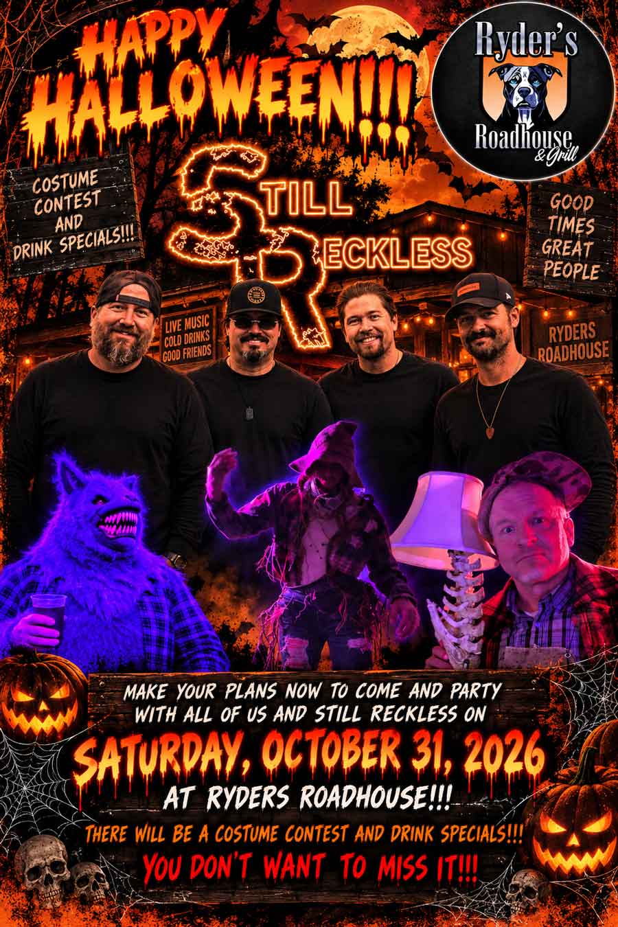 Ryders Roadhouse in Wisconsin Rapids Wisconsin Halloween party: Costume contest, drink specials, live music—Saturday, Oct. 31, 2026 at Ryders!.