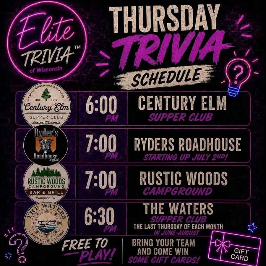 Ryders Roadhouse in Wisconsin Rapids Wisconsin Elite Trivia schedule for four locations, including food specials at Ryders Roadhouse.