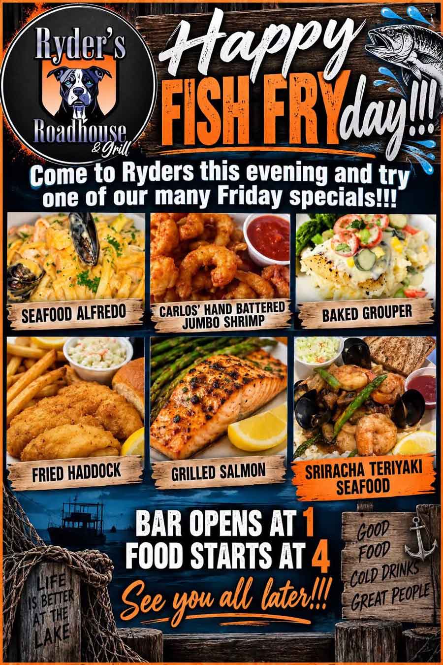 Ryders Roadhouse in Wisconsin Rapids Wisconsin Flyer for Ryders Roadhouse Fish Fryday featuring seafood specials, event times, and menu items.